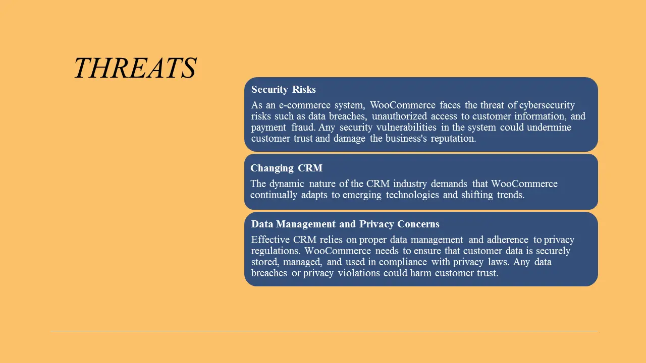 THREATS. Security Risks; Changing CRM; Data Management and Privacy Concerns
 