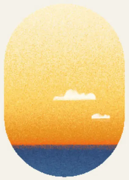 Tiny Trips logo of blue water and golden sky as seen from airplane.